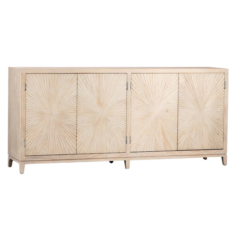 Buffet 4 portes en pin délavé de 200 cm avec façades à motifs éclatés sculptés à la main