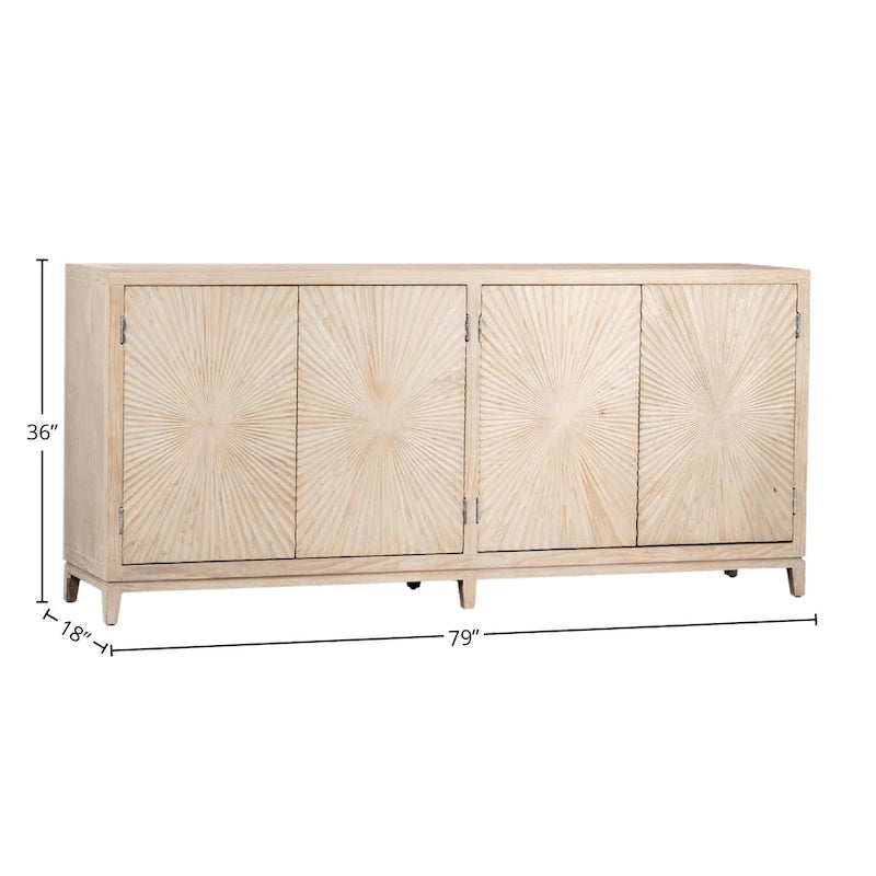 Buffet 4 portes en pin délavé de 200 cm avec façades à motifs éclatés sculptés à la main