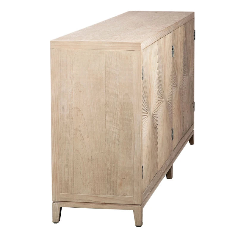 Buffet 4 portes en pin délavé de 200 cm avec façades à motifs éclatés sculptés à la main