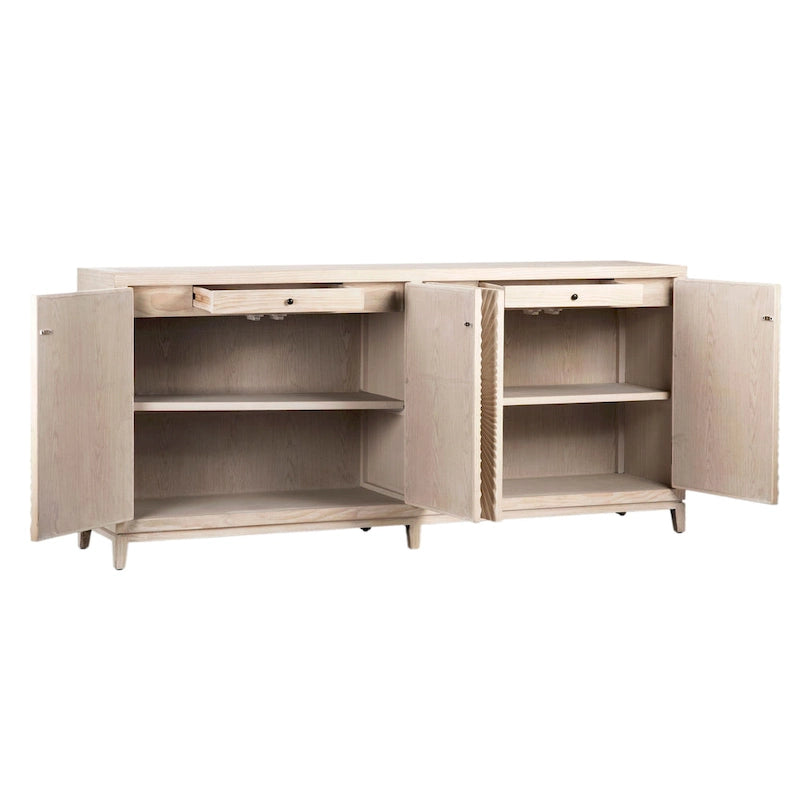 Buffet 4 portes en pin délavé de 200 cm avec façades à motifs éclatés sculptés à la main