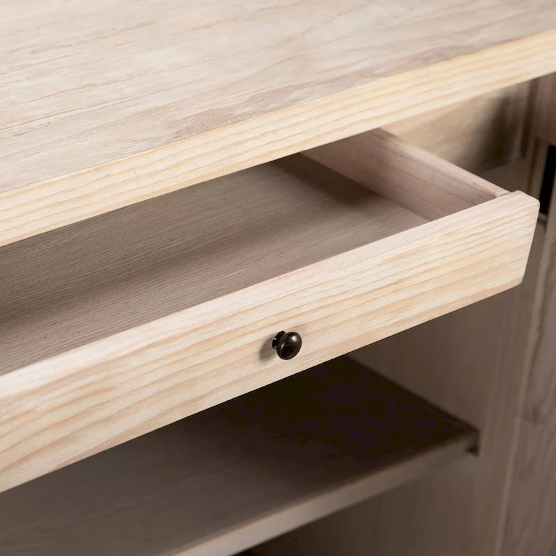 Buffet 4 portes en pin délavé de 200 cm avec façades à motifs éclatés sculptés à la main