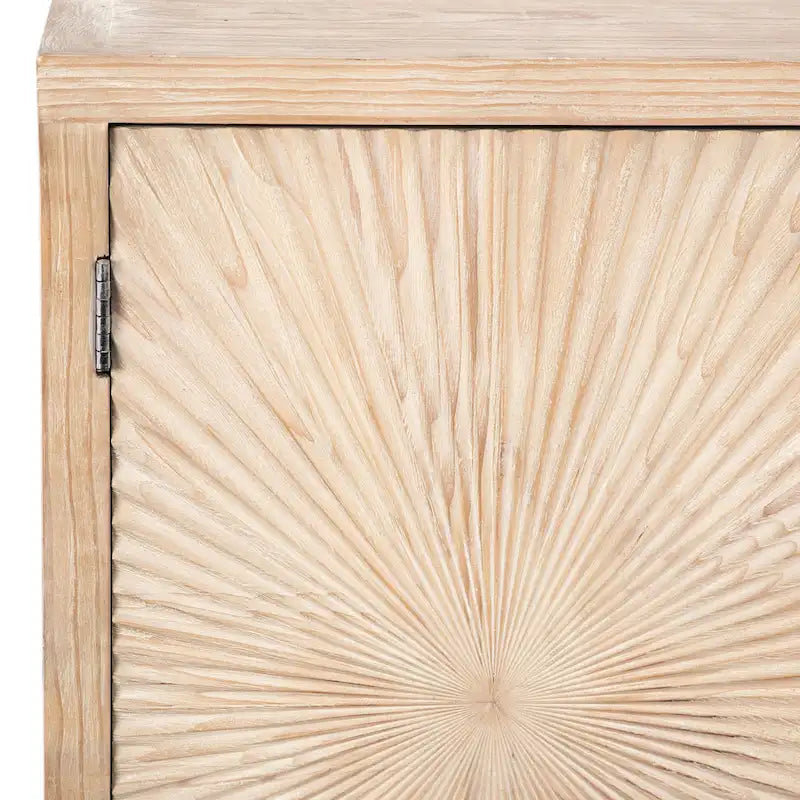 Buffet 4 portes en pin délavé de 200 cm avec façades à motifs éclatés sculptés à la main