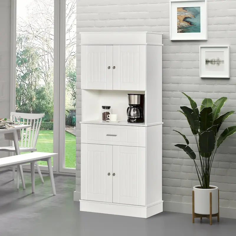 Buffet de cuisine 72 po avec vaisselier, Armoire de garde-manger autoportante avec tiroir utilitaire, Armoires à 2 portes et comptoir, Marron