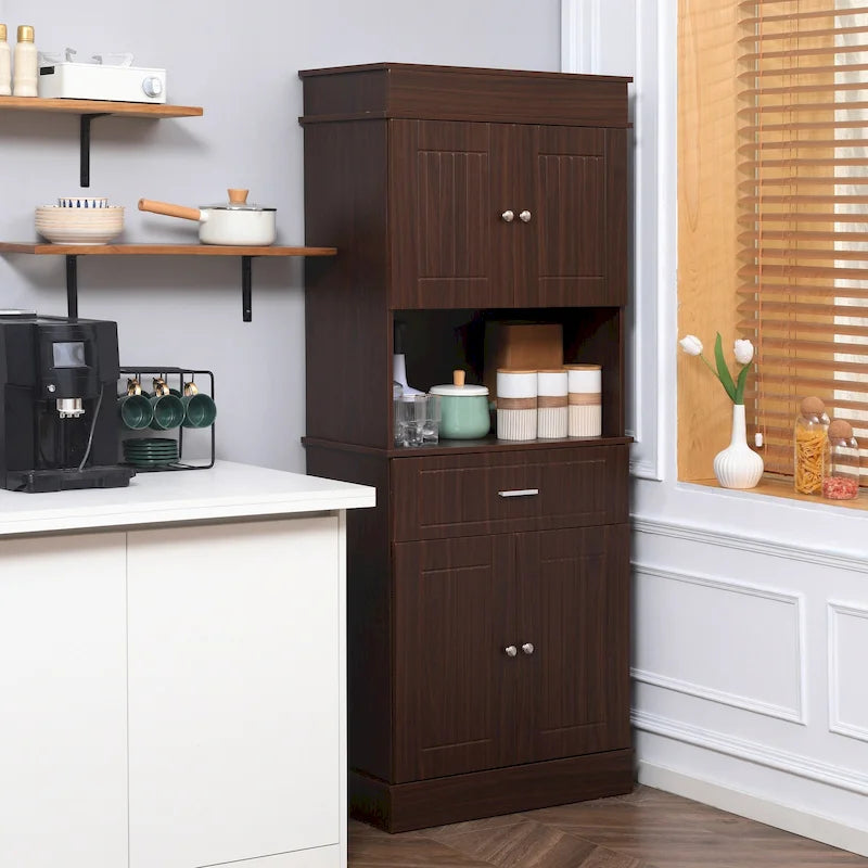 Buffet de cuisine 72 po avec vaisselier, Armoire de garde-manger autoportante avec tiroir utilitaire, Armoires à 2 portes et comptoir, Marron
