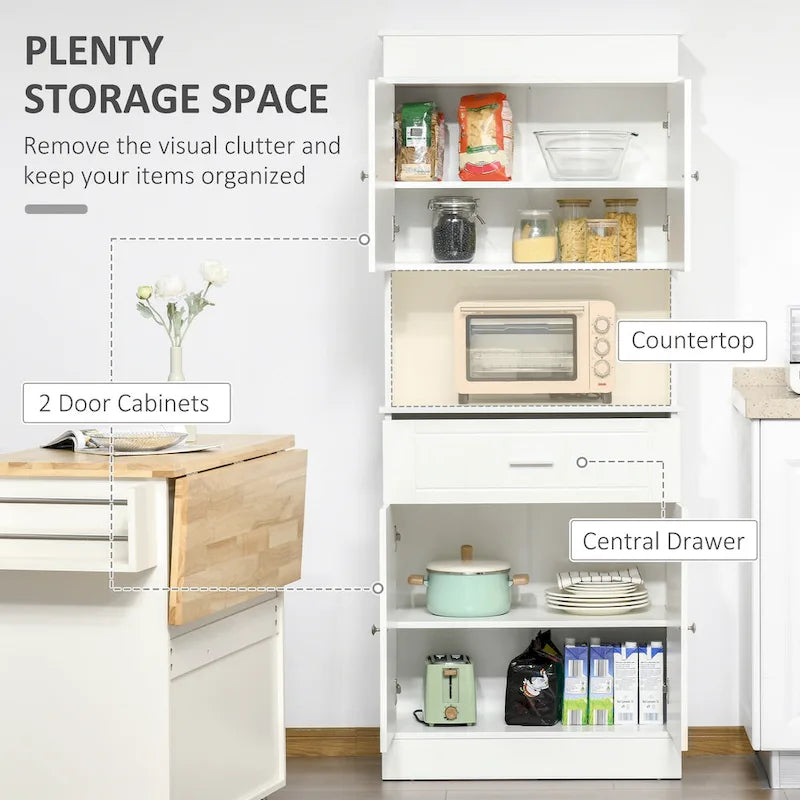 Buffet de cuisine 72 po avec vaisselier, Armoire de garde-manger autoportante avec tiroir utilitaire, Armoires à 2 portes et comptoir, Marron