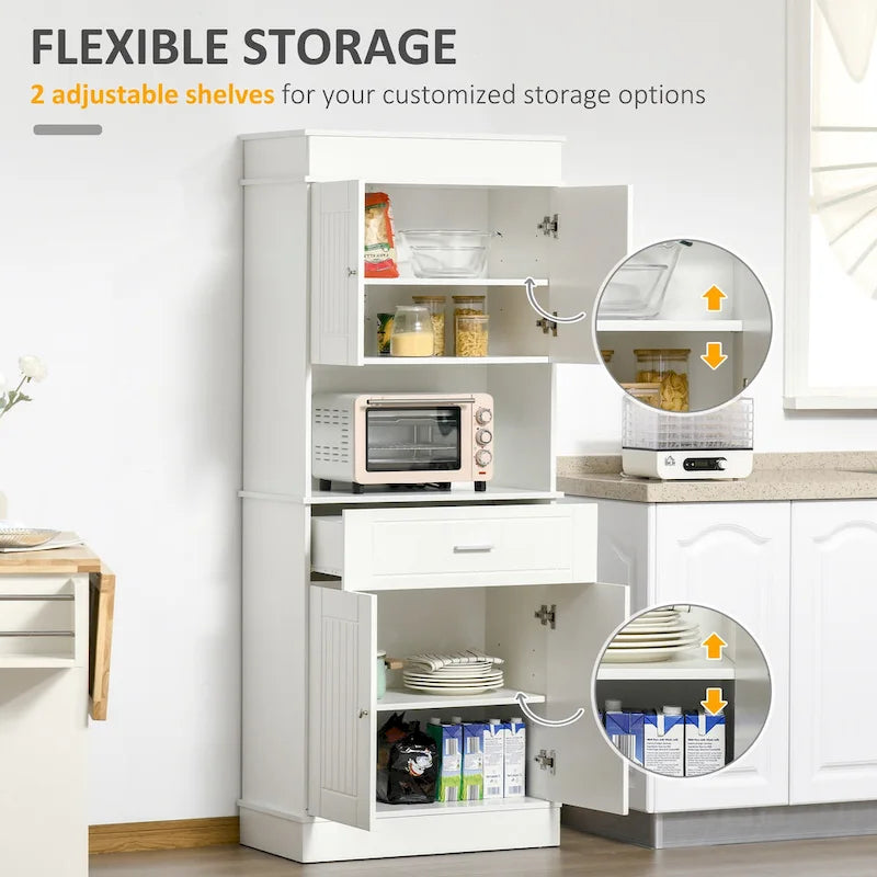 Buffet de cuisine 72 po avec vaisselier, Armoire de garde-manger autoportante avec tiroir utilitaire, Armoires à 2 portes et comptoir, Marron