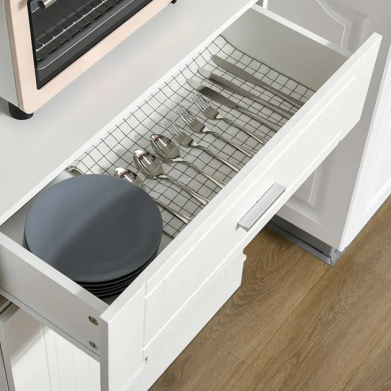 Buffet de cuisine 72 po avec vaisselier, Armoire de garde-manger autoportante avec tiroir utilitaire, Armoires à 2 portes et comptoir, Marron