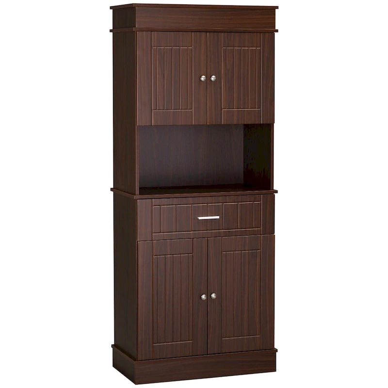Buffet de cuisine 72 po avec vaisselier, Armoire de garde-manger autoportante avec tiroir utilitaire, Armoires à 2 portes et comptoir, Marron