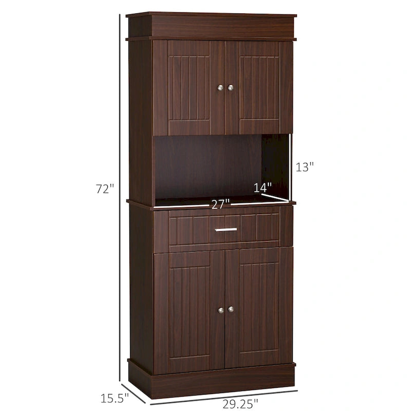Buffet de cuisine 72 po avec vaisselier, Armoire de garde-manger autoportante avec tiroir utilitaire, Armoires à 2 portes et comptoir, Marron