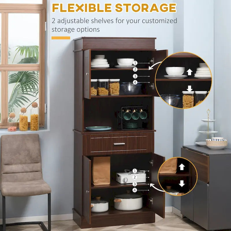 Buffet de cuisine 72 po avec vaisselier, Armoire de garde-manger autoportante avec tiroir utilitaire, Armoires à 2 portes et comptoir, Marron