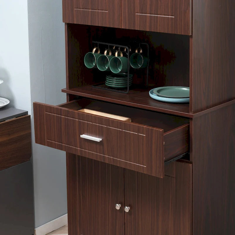 Buffet de cuisine 72 po avec vaisselier, Armoire de garde-manger autoportante avec tiroir utilitaire, Armoires à 2 portes et comptoir, Marron