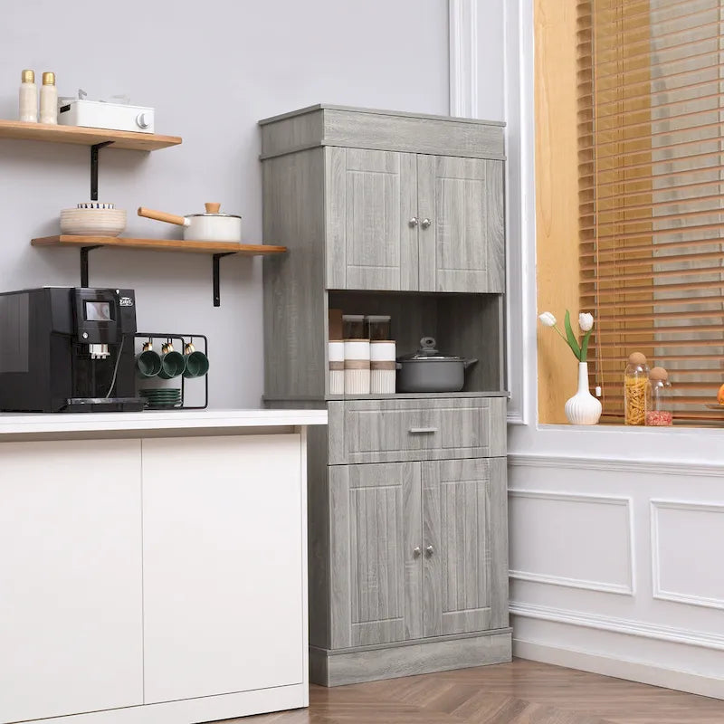 Buffet de cuisine 72 po avec vaisselier, Armoire de garde-manger autoportante avec tiroir utilitaire, Armoires à 2 portes et comptoir, Marron