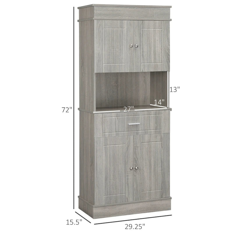 Buffet de cuisine 72 po avec vaisselier, Armoire de garde-manger autoportante avec tiroir utilitaire, Armoires à 2 portes et comptoir, Marron