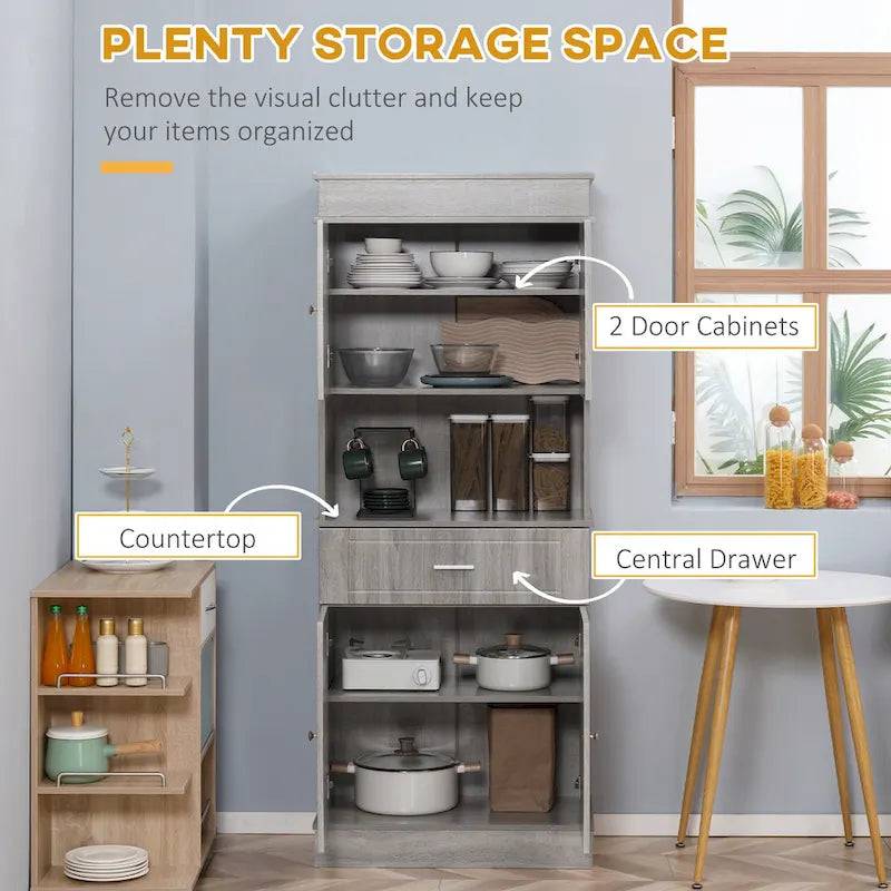 Buffet de cuisine 72 po avec vaisselier, Armoire de garde-manger autoportante avec tiroir utilitaire, Armoires à 2 portes et comptoir, Marron