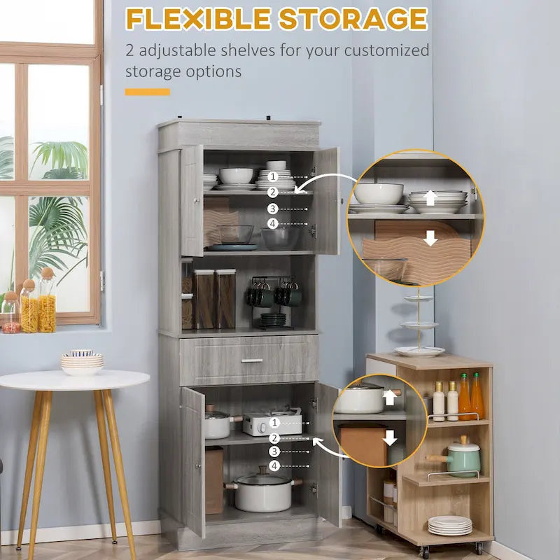 Buffet de cuisine 72 po avec vaisselier, Armoire de garde-manger autoportante avec tiroir utilitaire, Armoires à 2 portes et comptoir, Marron