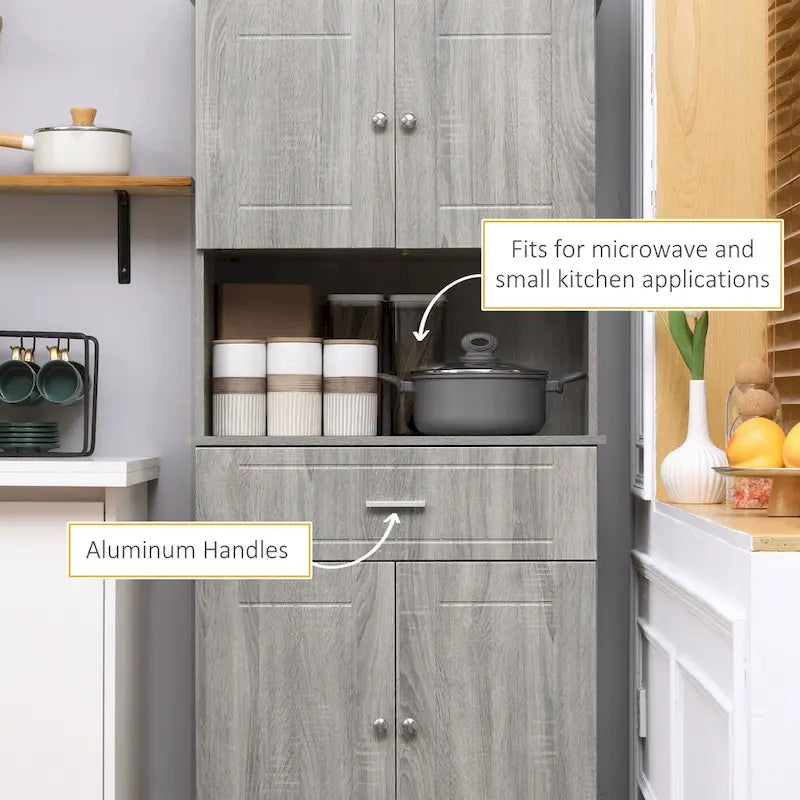 Buffet de cuisine 72 po avec vaisselier, Armoire de garde-manger autoportante avec tiroir utilitaire, Armoires à 2 portes et comptoir, Marron