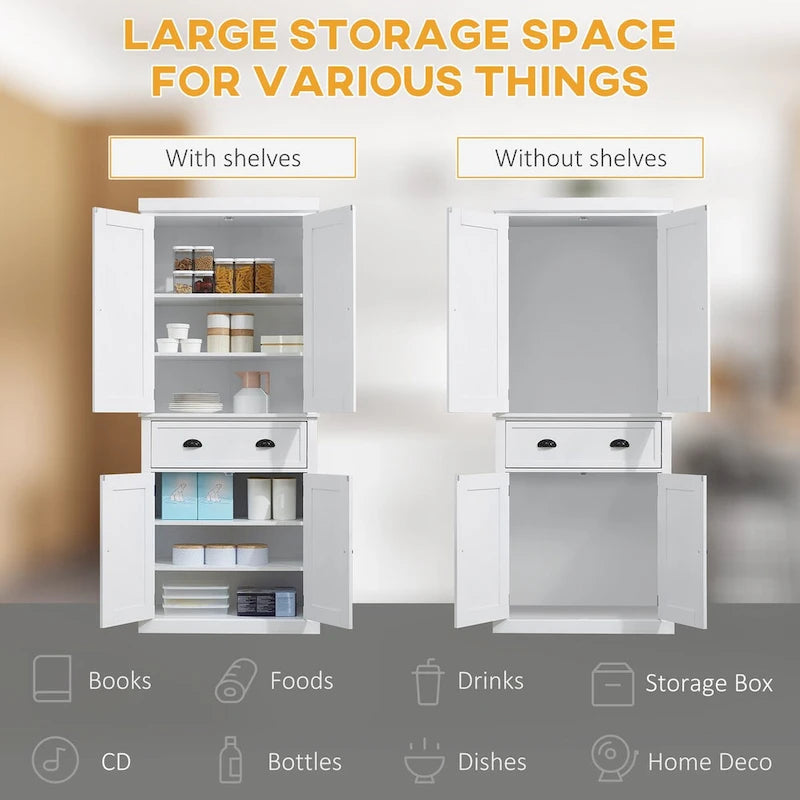 Meuble de rangement de cuisine autoportant de 72 po, armoire de rangement haute avec 2 placards à portes, 2 tiroirs et étagères réglables