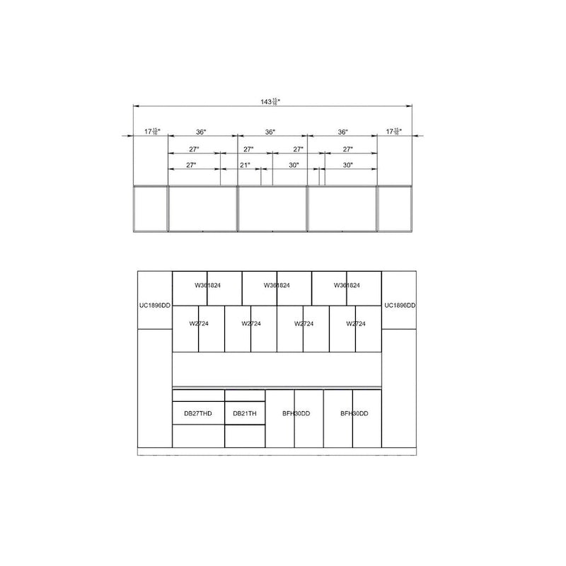 Ensemble de meubles de cuisine blancs brillants, 3,65 m de large - 143x24
