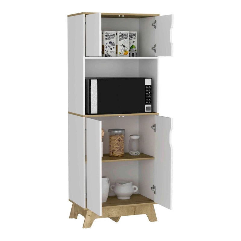 Meuble Haut Four Micro-ondes avec Plan de Travail et Meubles Bas Doubles Portes Hautes et Basses – Chêne Clair / Blanc