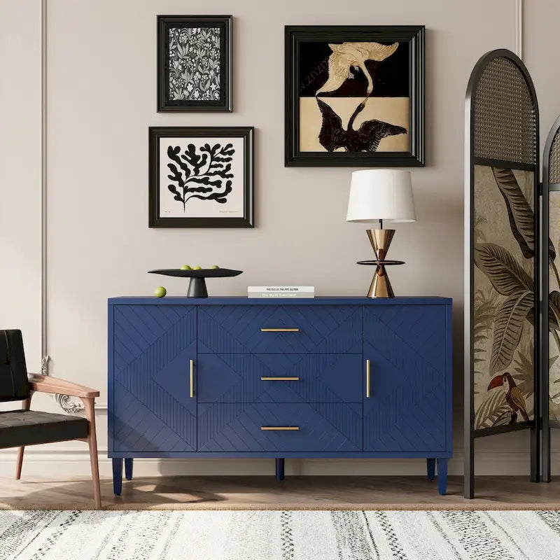 Meuble élégant et fonctionnel 2 portes 3 tiroirs avec effet sculpté, pour Chambre, Salon, Bureau, montage facile, Bleu marine