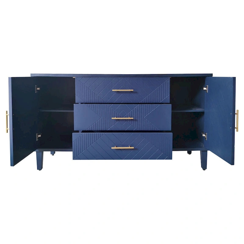 Meuble élégant et fonctionnel 2 portes 3 tiroirs avec effet sculpté, pour Chambre, Salon, Bureau, montage facile, Bleu marine