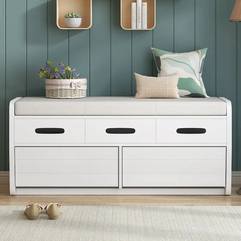 Banc de rangement rustique avec 2 tiroirs, un espace de rangement caché et 3 faux tiroirs sur le dessus, banc à chaussures pour le salon ou l'entrée