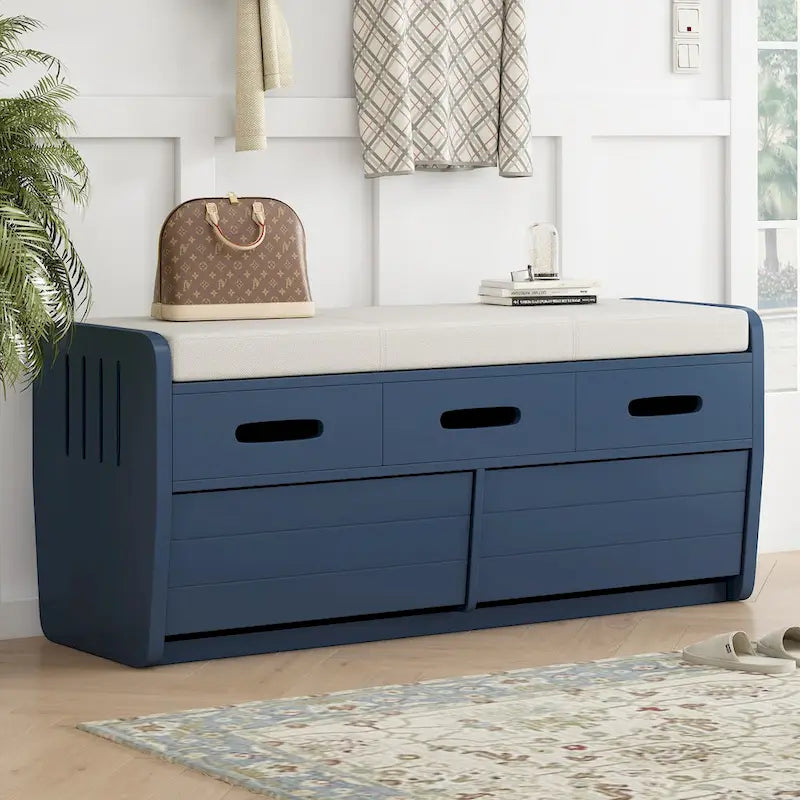 Banc de rangement rustique avec 2 tiroirs, un espace de rangement caché et 3 faux tiroirs sur le dessus, banc à chaussures pour le salon ou l'entrée