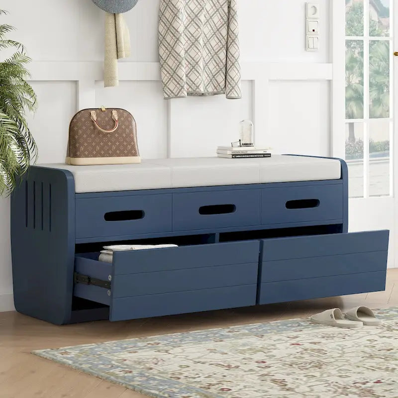 Banc de rangement rustique avec 2 tiroirs, un espace de rangement caché et 3 faux tiroirs sur le dessus, banc à chaussures pour le salon ou l'entrée