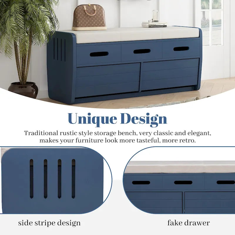 Banc de rangement rustique avec 2 tiroirs, un espace de rangement caché et 3 faux tiroirs sur le dessus, banc à chaussures pour le salon ou l'entrée