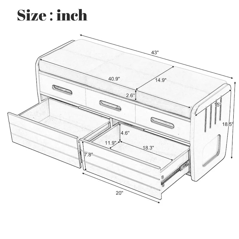 Banc de rangement rustique avec 2 tiroirs, un espace de rangement caché et 3 faux tiroirs sur le dessus, banc à chaussures pour le salon ou l'entrée