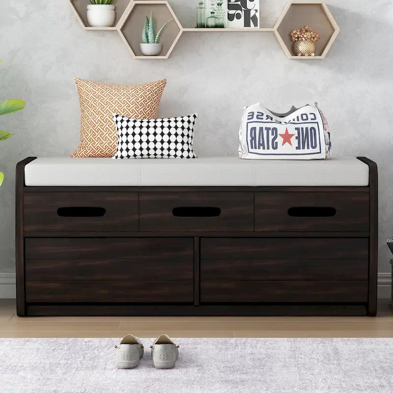 Banc de rangement rustique avec 2 tiroirs, un espace de rangement caché et 3 faux tiroirs sur le dessus, banc à chaussures pour le salon ou l'entrée