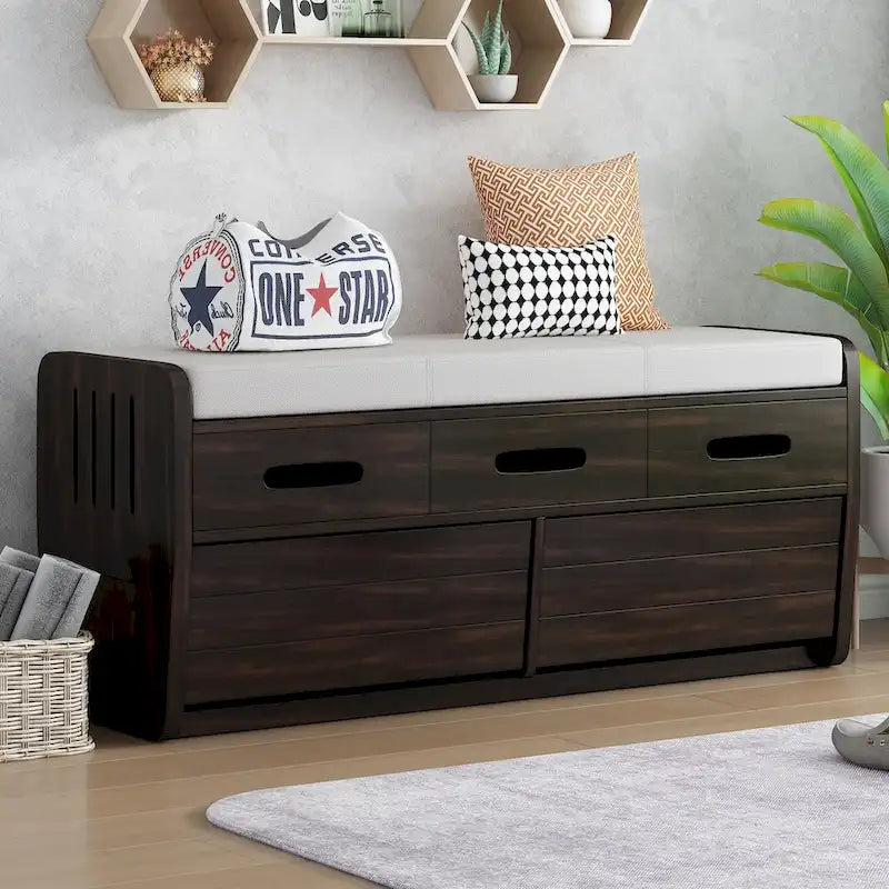 Banc de rangement rustique avec 2 tiroirs, un espace de rangement caché et 3 faux tiroirs sur le dessus, banc à chaussures pour le salon ou l'entrée
