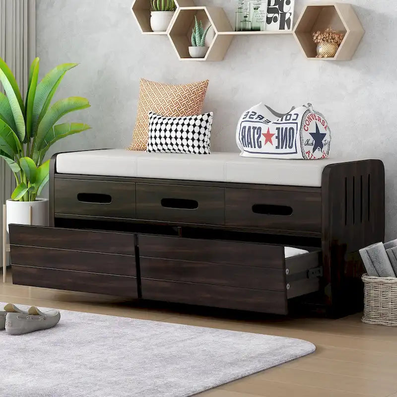 Banc de rangement rustique avec 2 tiroirs, un espace de rangement caché et 3 faux tiroirs sur le dessus, banc à chaussures pour le salon ou l'entrée