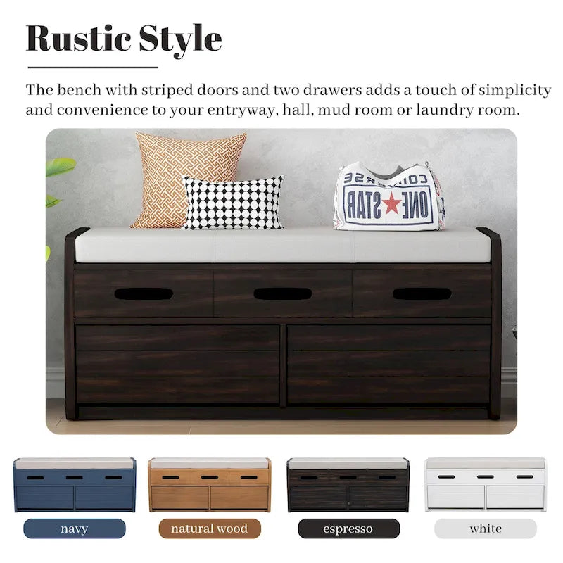 Banc de rangement rustique avec 2 tiroirs, un espace de rangement caché et 3 faux tiroirs sur le dessus, banc à chaussures pour le salon ou l'entrée