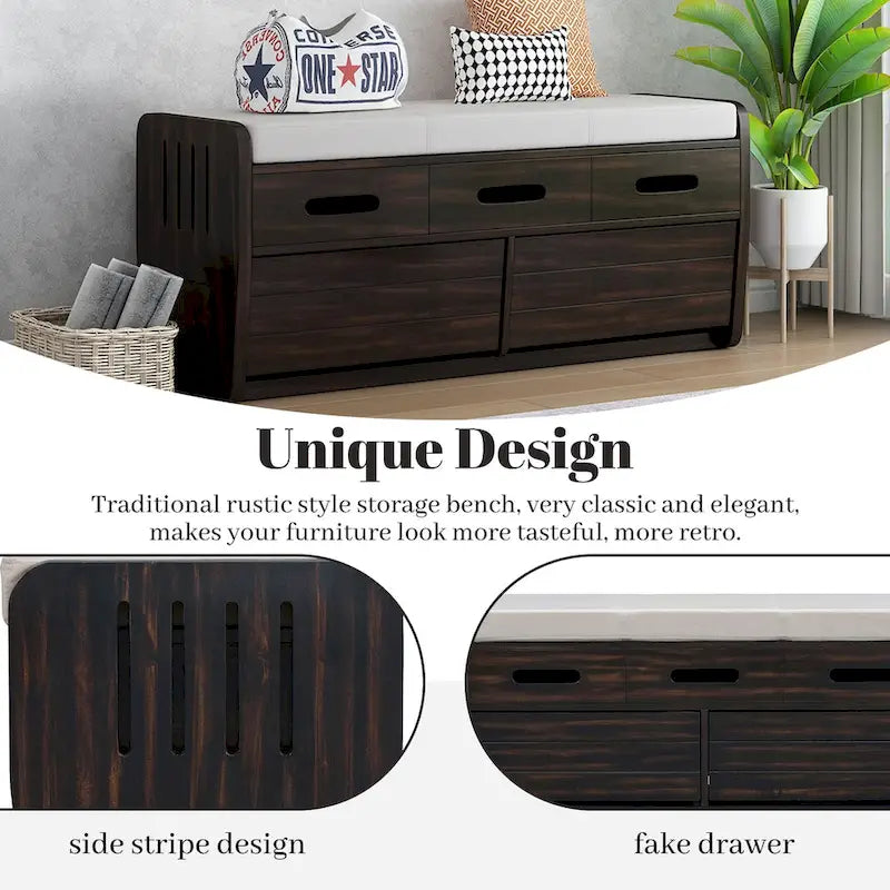 Banc de rangement rustique avec 2 tiroirs, un espace de rangement caché et 3 faux tiroirs sur le dessus, banc à chaussures pour le salon ou l'entrée