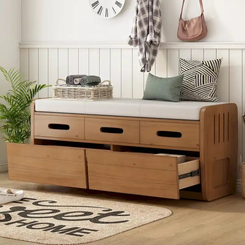 Banc de rangement rustique avec 2 tiroirs, un espace de rangement caché et 3 faux tiroirs sur le dessus, banc à chaussures pour le salon ou l'entrée