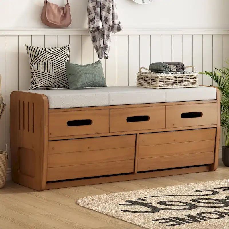 Banc de rangement rustique avec 2 tiroirs, un espace de rangement caché et 3 faux tiroirs sur le dessus, banc à chaussures pour le salon ou l'entrée