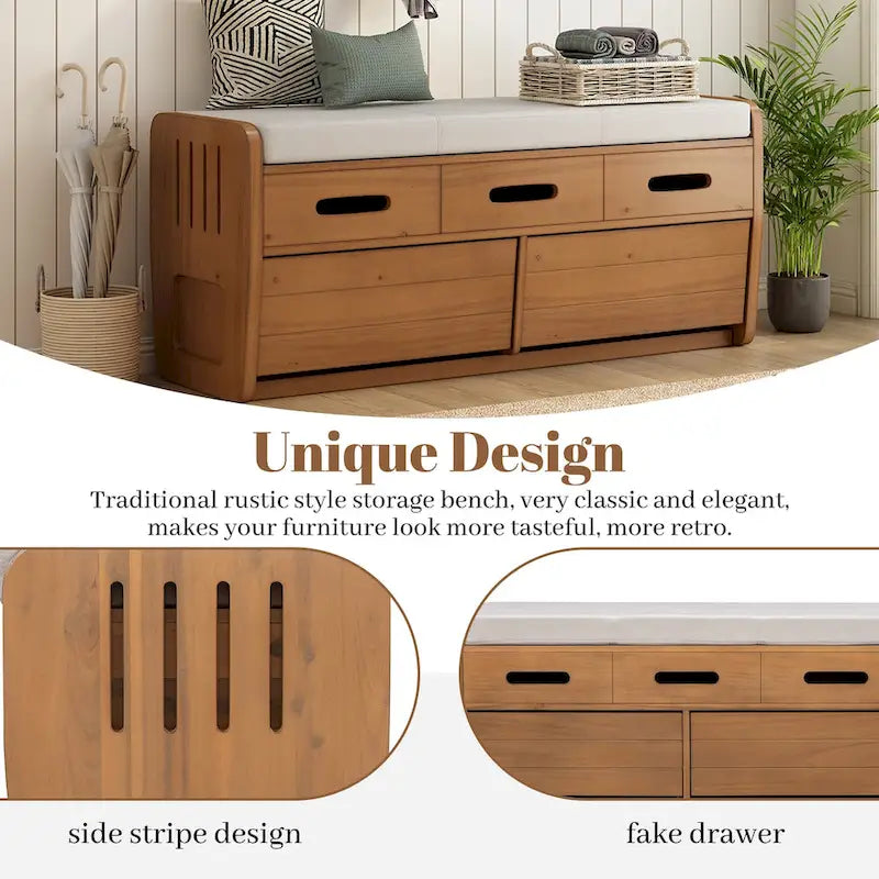 Banc de rangement rustique avec 2 tiroirs, un espace de rangement caché et 3 faux tiroirs sur le dessus, banc à chaussures pour le salon ou l'entrée