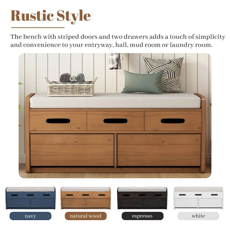 Banc de rangement rustique avec 2 tiroirs, un espace de rangement caché et 3 faux tiroirs sur le dessus, banc à chaussures pour le salon ou l'entrée