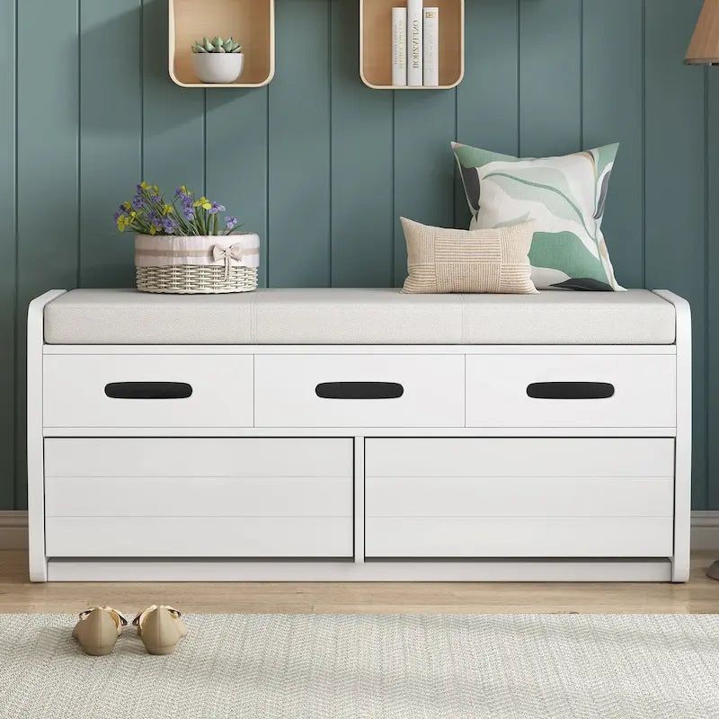 Banc de rangement rustique avec 2 tiroirs, un espace de rangement caché et 3 faux tiroirs sur le dessus, banc à chaussures pour le salon ou l'entrée