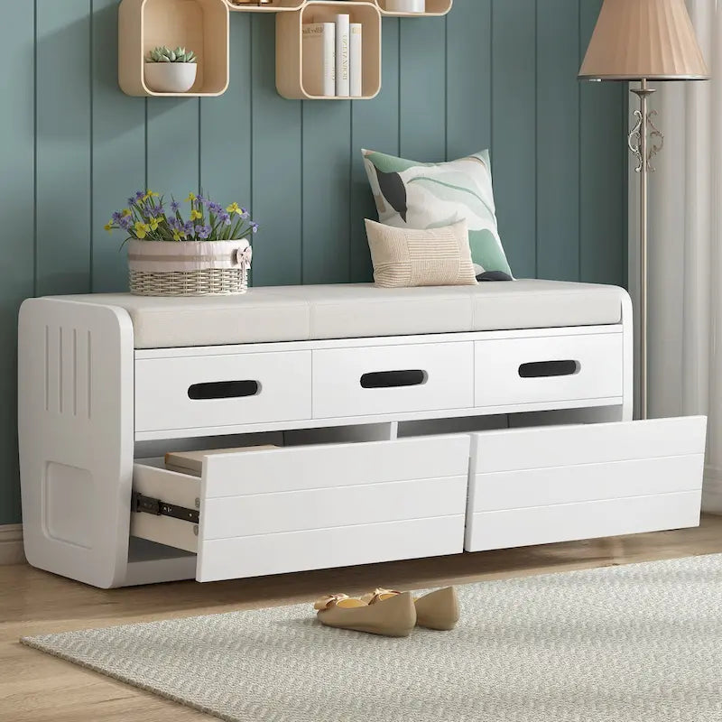 Banc de rangement rustique avec 2 tiroirs, un espace de rangement caché et 3 faux tiroirs sur le dessus, banc à chaussures pour le salon ou l'entrée
