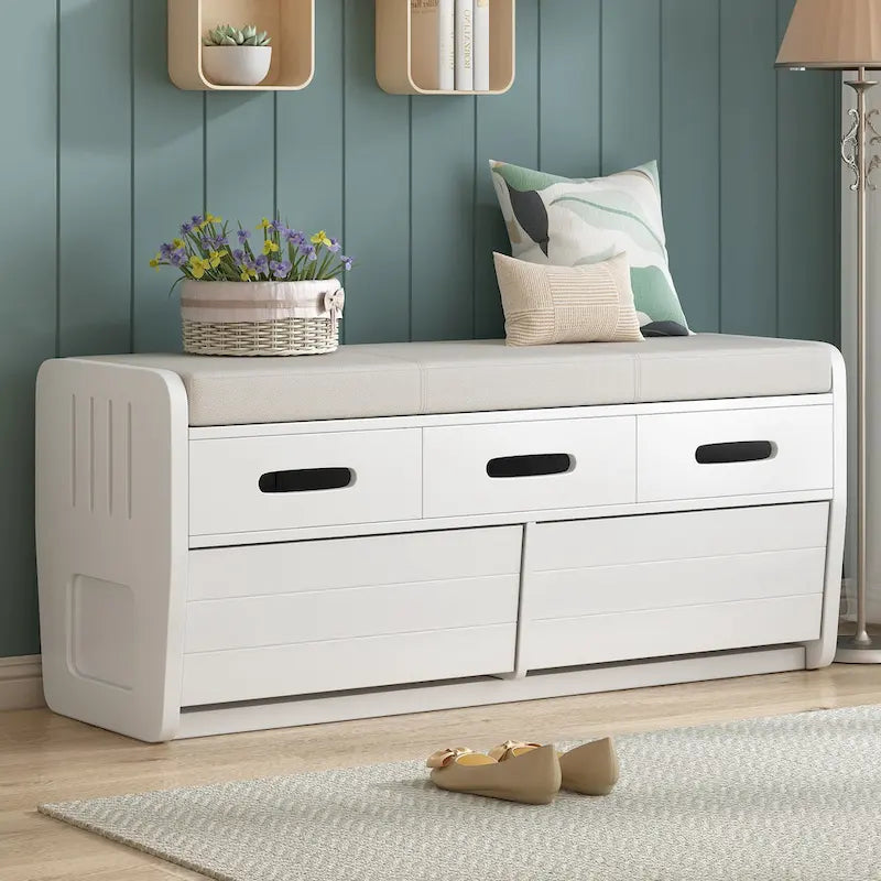 Banc de rangement rustique avec 2 tiroirs, un espace de rangement caché et 3 faux tiroirs sur le dessus, banc à chaussures pour le salon ou l'entrée