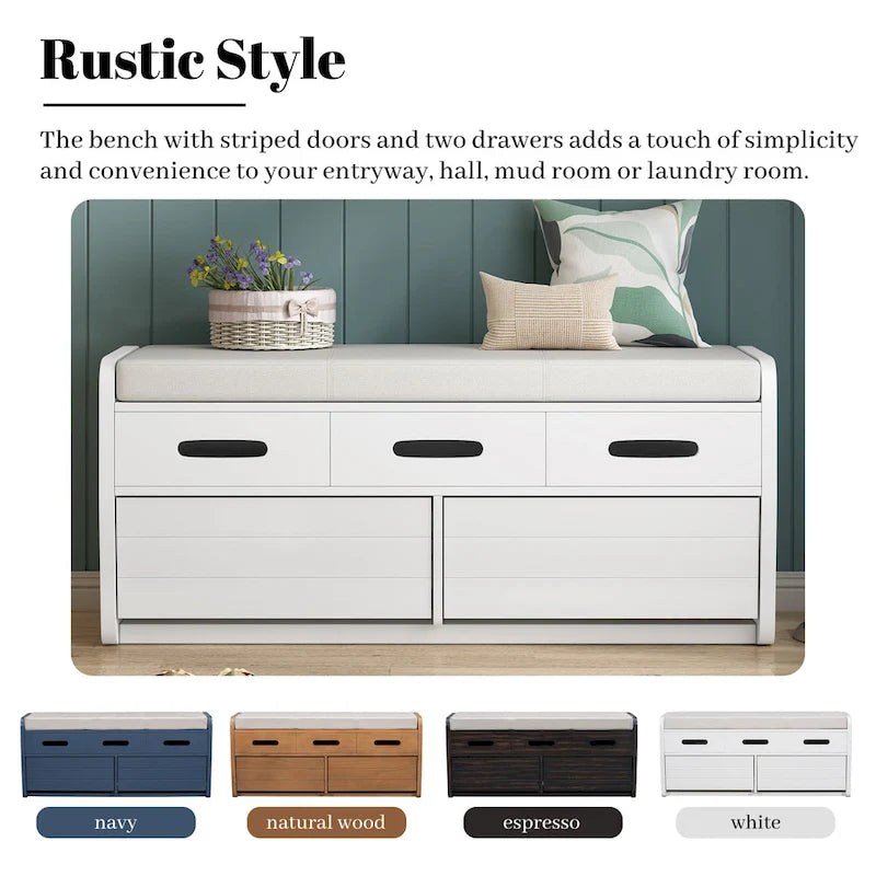 Banc de rangement rustique avec 2 tiroirs, un espace de rangement caché et 3 faux tiroirs sur le dessus, banc à chaussures pour le salon ou l'entrée