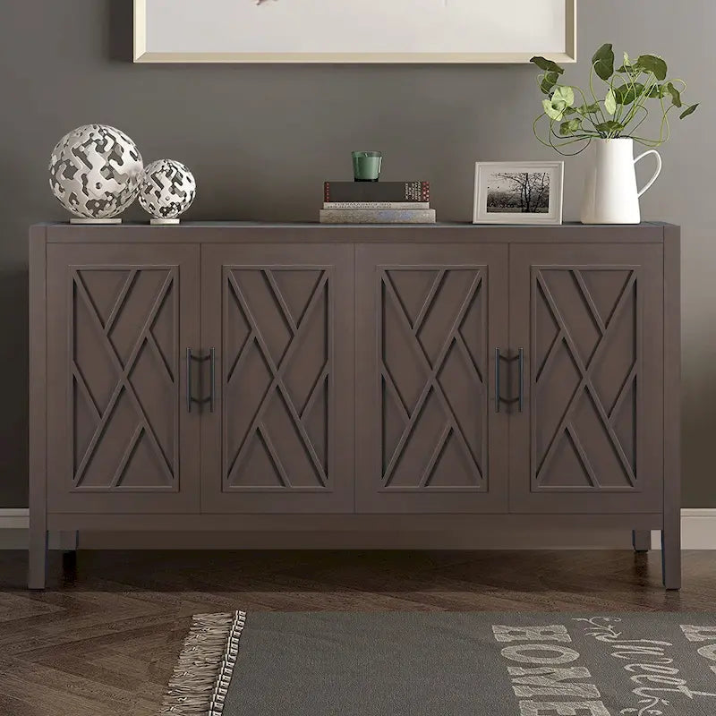 Buffet 4 portes en bois twill de style campagnard américain vintage pour salon, salle à manger ou entrée.