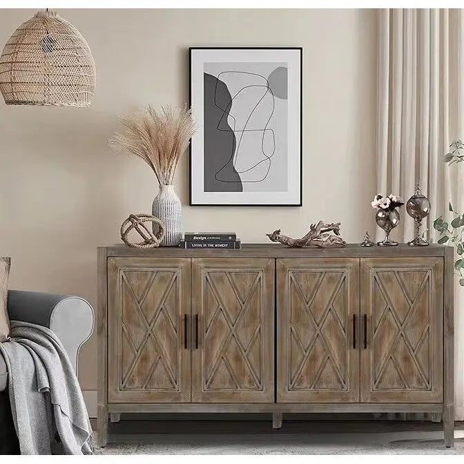 Buffet 4 portes en bois twill de style campagnard américain vintage pour salon, salle à manger ou entrée.