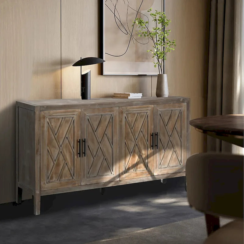Buffet 4 portes en bois twill de style campagnard américain vintage pour salon, salle à manger ou entrée.