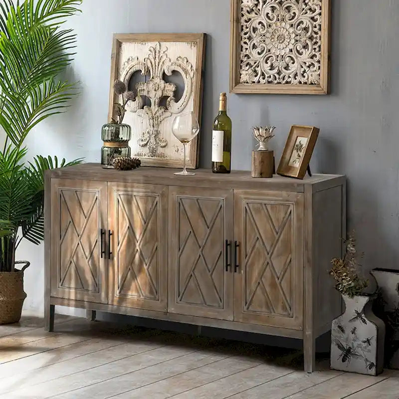 Buffet 4 portes en bois twill de style campagnard américain vintage pour salon, salle à manger ou entrée.
