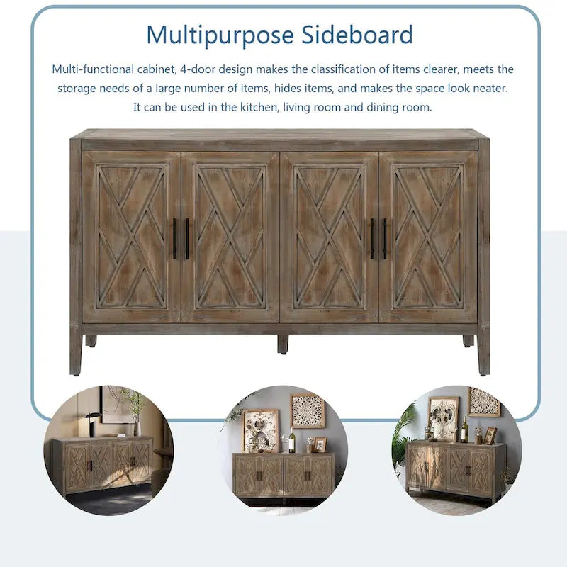 Buffet 4 portes en bois twill de style campagnard américain vintage pour salon, salle à manger ou entrée.