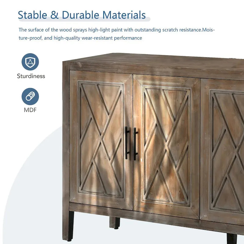 Buffet 4 portes en bois twill de style campagnard américain vintage pour salon, salle à manger ou entrée.
