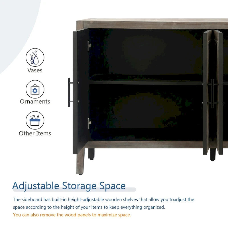 Buffet 4 portes en bois twill de style campagnard américain vintage pour salon, salle à manger ou entrée.